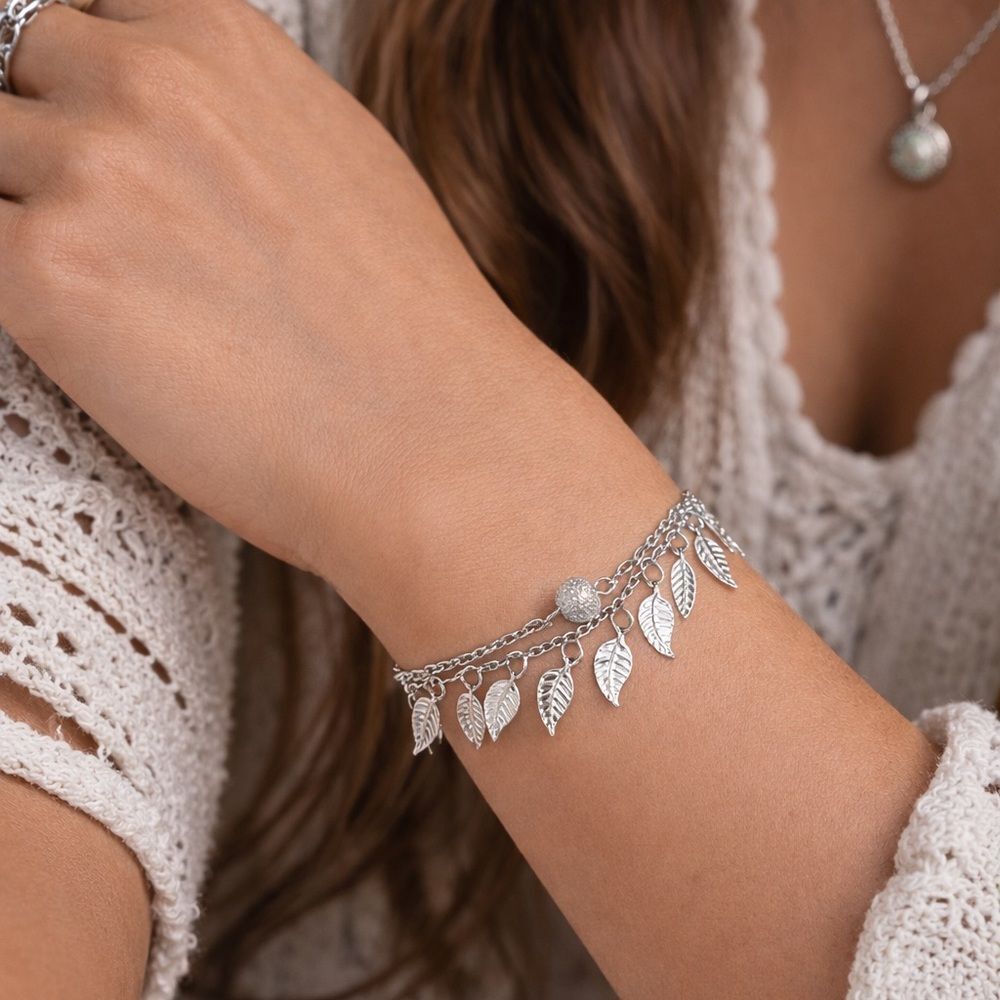Brand New!! Double chain bracelet, anklet with leaf charms and disco ball